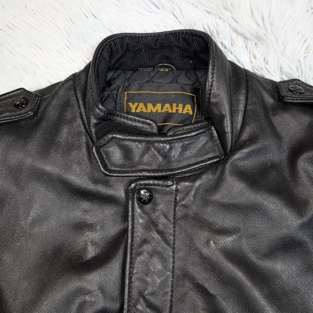 Vintage Yamaha‎ Jacket Mens 38 Black Leather Softshell Moto Elbow Padded Zip Up